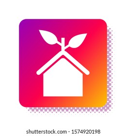 White Eco friendly house icon isolated on white background. Eco house with leaf. Square color button. Vector Illustration