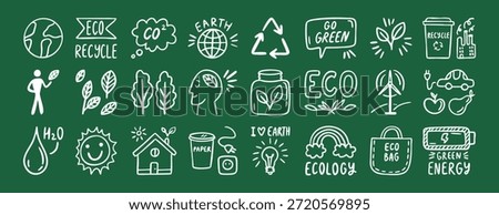 White eco icons on dark green set collection doodle hand drawn icon. Outline drawing ecology line clipart symbol. Vector illustration