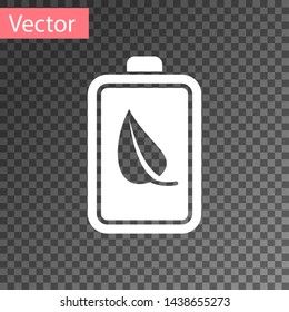 White Eco nature leaf and battery icon isolated on transparent background. Energy based on ecology saving concept. Vector Illustration