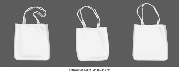 White eco tote bag mockup. Vector cotton empty template of reusable shopping ecobag with handle. Isolated realistic blank textile recycled design for grocery or beach to carry with shoulder strap.