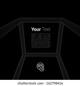 White edit of a dark minimalist abstract geometric 3d text box composition with corners and parallel running architectural style neon design lines fading on from black dark content holder background