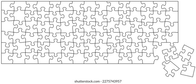White editable puzzle pieces jigsaw parts with black frame on separate layouts. 