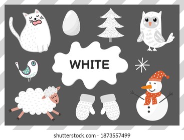 White. Educational worksheet for kids. Learning the color white set. Activity page with main color for toddlers. Vector illustration