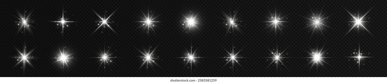 White effect reflections, neon illumination in red colors. Bright light lens. Police light effects, lines. Shiny stars, glowing sparks on a black background. Vector.