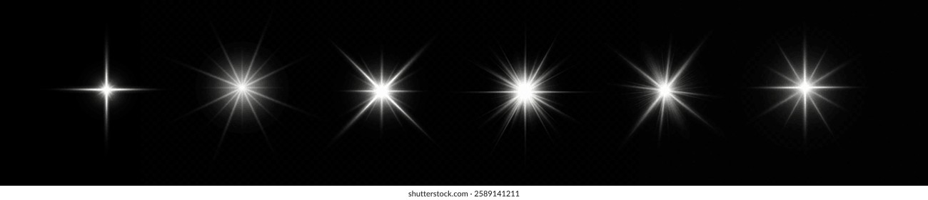 White effect reflections, neon illumination in red colors. Bright light lens. Police light effects, lines. Shiny stars, glowing sparks on a black background. Vector.