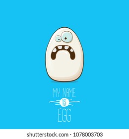 white egg cartoon characters isolated on blue background. My name is egg vector concept illustration. funky farm food or easter character with eyes and mouth