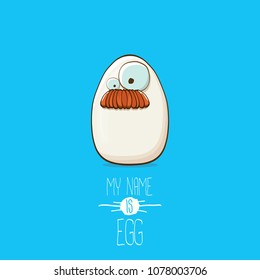 white egg cartoon characters isolated on blue background. My name is egg vector concept illustration. funky farm food or easter character with eyes and mouth
