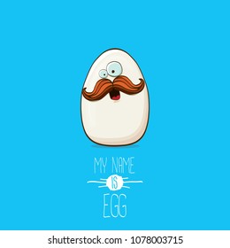 white egg cartoon characters isolated on blue background. My name is egg vector concept illustration. funky farm food or easter character with eyes and mouth