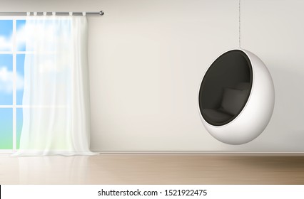 White egg chair hanging on metallic chain from ceiling in house empty, roomy living room with white curtain, tulle on large window. Stylish furniture for home interior 3d realistic vector illustration