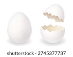 White egg and cracked egg shell halves. Minimal 3D vector Easter illustration