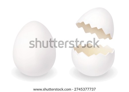 White egg and cracked egg shell halves. Minimal 3D vector Easter illustration