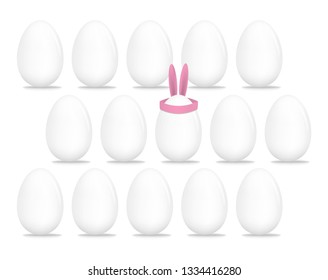 White egg with funny Easter decoration of bunny ears surrounded by ordinary eggs, vector illustration.