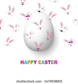 White egg with funny rabbit face. Happy Easter day concept. Illustration for banner, greeting card, poster.