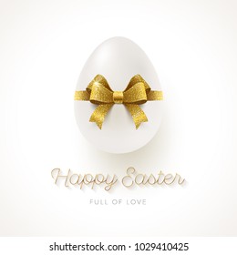 White egg with glitter gold ribbon bow  - vector illustration.
