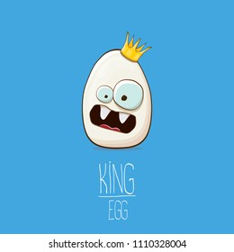 white egg king with crown cartoon characters isolated on blue background. My name is egg vector concept illustration. funky farm food or easter king character with eyes and mouth