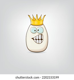 white egg king with crown cartoon characters isolated on grey background. My name is egg vector concept illustration. funky farm food or easter egg king character with eyes and mouth