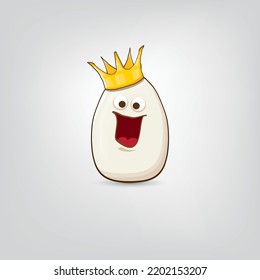 white egg king with crown cartoon characters isolated on grey background. My name is egg vector concept illustration. funky farm food or easter egg king character with eyes and mouth