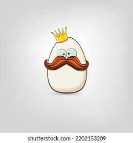 white egg king with crown cartoon characters isolated on grey background. My name is egg vector concept illustration. funky farm food or easter egg king character with eyes and mouth