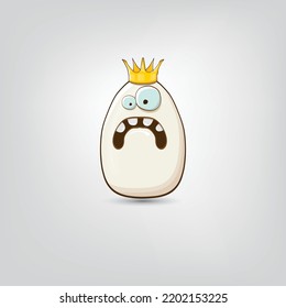 white egg king with crown cartoon characters isolated on grey background. My name is egg vector concept illustration. funky farm food or easter egg king character with eyes and mouth