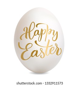 White egg and original handwritten  text Happy Easter.  Realistic style. Isolated on a white background. Vector illustration for icons, posters, banners, print and web projects.  