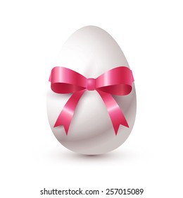 White egg with pink satin bow. Vector illustration.
