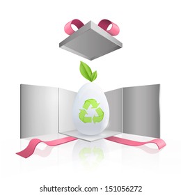 White egg with recycle icon inside gift box. Vector design. 