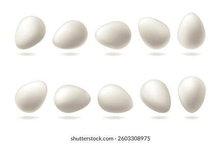 White egg set. Chicken blank render isolated. Vector 3d food package, transparent backdrop. Organic breakfast, fresh healthy food. Realistic eggshell surface, visual ellipse oval shape. Whole albumen