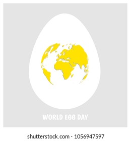 White egg with yellow world map. Planet Earth in form of egg yolk on light gray background with text World Egg Day. Flat Vector illustration.