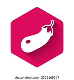 White Eggplant icon isolated with long shadow background. Pink hexagon button. Vector