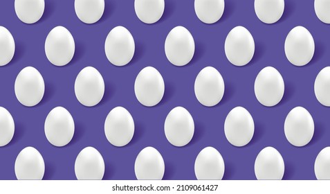 White eggs, egg pattern on purple background in Very Peri style, Copy space.