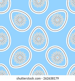 White eggs with white flowers on the blue background. Vector illustration