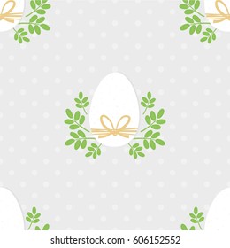 white eggs with green leaf motif around, vector Easter seamless pattern on light dotted background