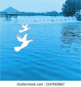 White egret on the lake, vector illustration