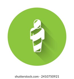 White Egypt mummy icon isolated with long shadow background. Green circle button. Vector