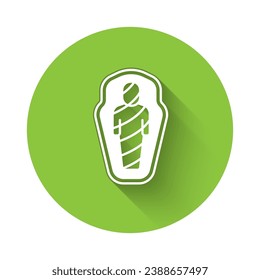 White Egypt mummy in sarcophagus icon isolated with long shadow background. Green circle button. Vector