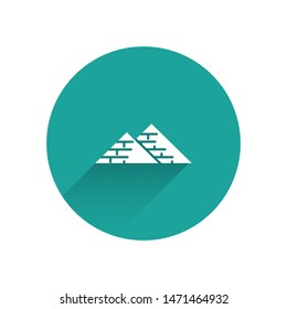 White Egypt pyramids icon isolated with long shadow. Symbol of ancient Egypt. Green circle button. Vector Illustration