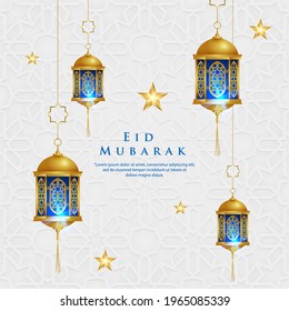 Ornamento de fondo blanco de Eid Mubarak con el linterna tradicional de oro
