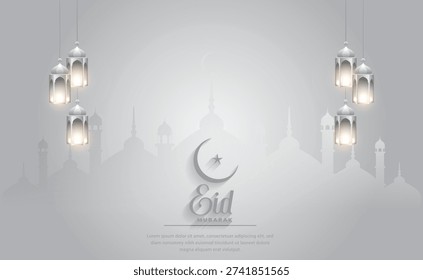 White Eid Mubarak background with silver lanterns