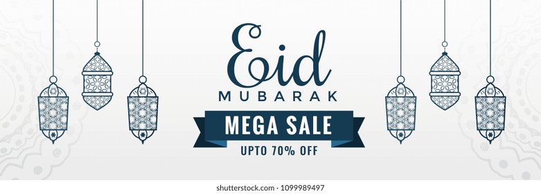 White Eid Sale Banner With Hanging Lanterns