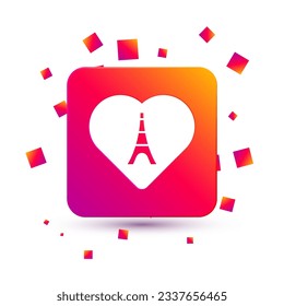 White Eiffel tower with heart icon isolated on white background. France Paris landmark symbol. Square color button. Vector