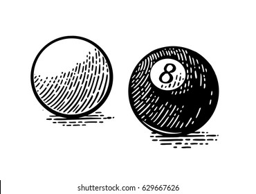 White and eight billiard balls with shadow. Vintage black engraving illustration for poster, web. Isolated on white background.