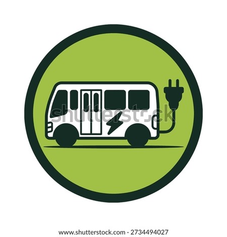 A white electric bus with a lightning bolt symbol and a plug is depicted inside a green circle, symbolizing clean transportation and technology.