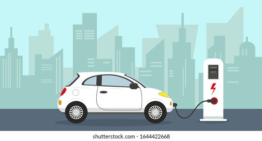White electric car at the chairging station in city. Eco energy concept and background. Vector illustration.