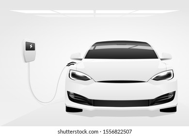 White electric car with a charging station. Vector illustration EPS 10