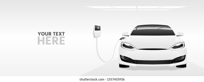 White electric car with a charging station. Vector banner template 