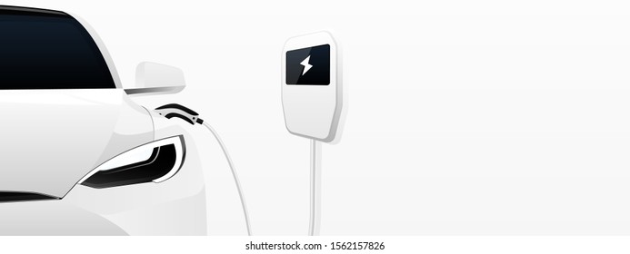 White electric car with a charging station. Vector banner template 