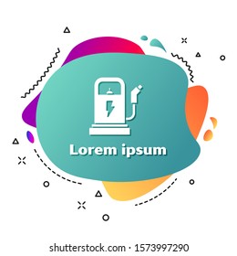 White Electric car charging station icon isolated on white background. Eco electric fuel pump sign. Abstract banner with liquid shapes. Vector Illustration