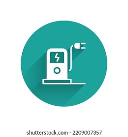 White Electric car charging station icon isolated with long shadow background. Eco electric fuel pump sign. Green circle button. Vector