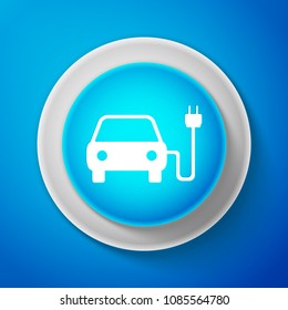 White Electric car and electrical cable plug charging icon isolated on blue background. Electric car charging sign. Renewable eco technologies. Circle blue button with white line. Vector Illustration
