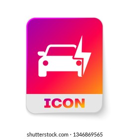 White Electric car and electrical cable plug charging icon isolated on white background. Renewable eco technologies. Rectangle color button. Vector Illustration